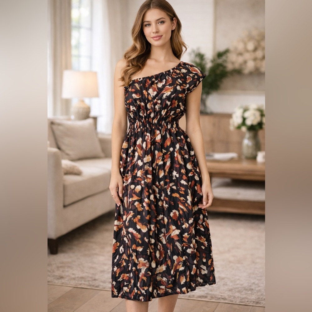 Pink Lily Boho Printed One Shoulder Ruffle Midi Dress | Black/Brown | Size Small